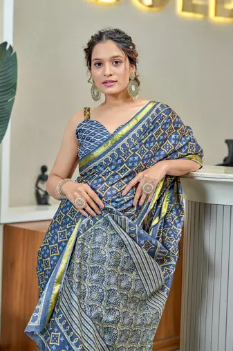 Blue modal mulcotton bagru block print saree with unstitched blouse piece