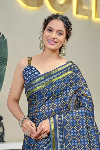 Blue modal mulcotton bagru block print saree with unstitched blouse piece
