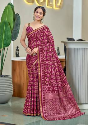Pink modal mulcotton bagru block print saree with unstitched blouse piece 1