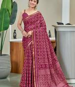 Pink modal mulcotton bagru block print saree with unstitched blouse piece