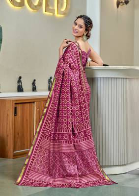 Pink modal mulcotton bagru block print saree with unstitched blouse piece 2