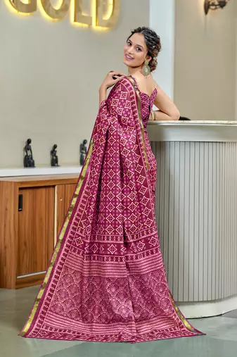 Pink modal mulcotton bagru block print saree with unstitched blouse piece