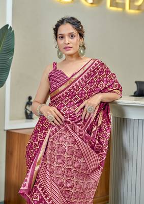 Pink modal mulcotton bagru block print saree with unstitched blouse piece 3