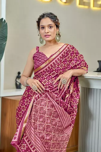 Pink modal mulcotton bagru block print saree with unstitched blouse piece