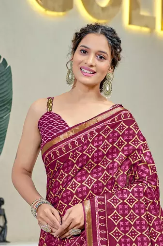 Pink modal mulcotton bagru block print saree with unstitched blouse piece