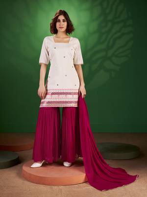 White and red sequine work georgette kurta with sharara and dupatta 1