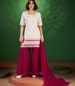 White and red sequine work georgette kurta with sharara and dupatta