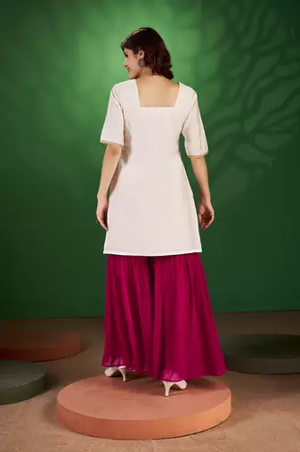 White and red sequine work georgette kurta with sharara and dupatta