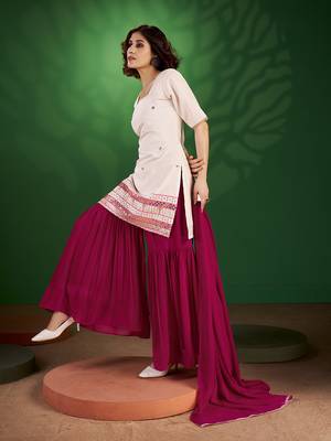 White and red sequine work georgette kurta with sharara and dupatta 3