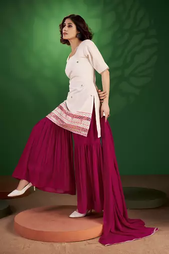 White and red sequine work georgette kurta with sharara and dupatta