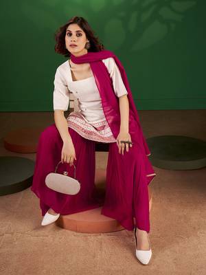 White and red sequine work georgette kurta with sharara and dupatta 4