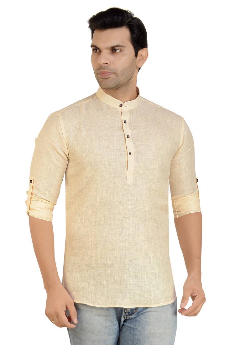 Yellow Linen Plain Full Sleeve short Kurta for mens