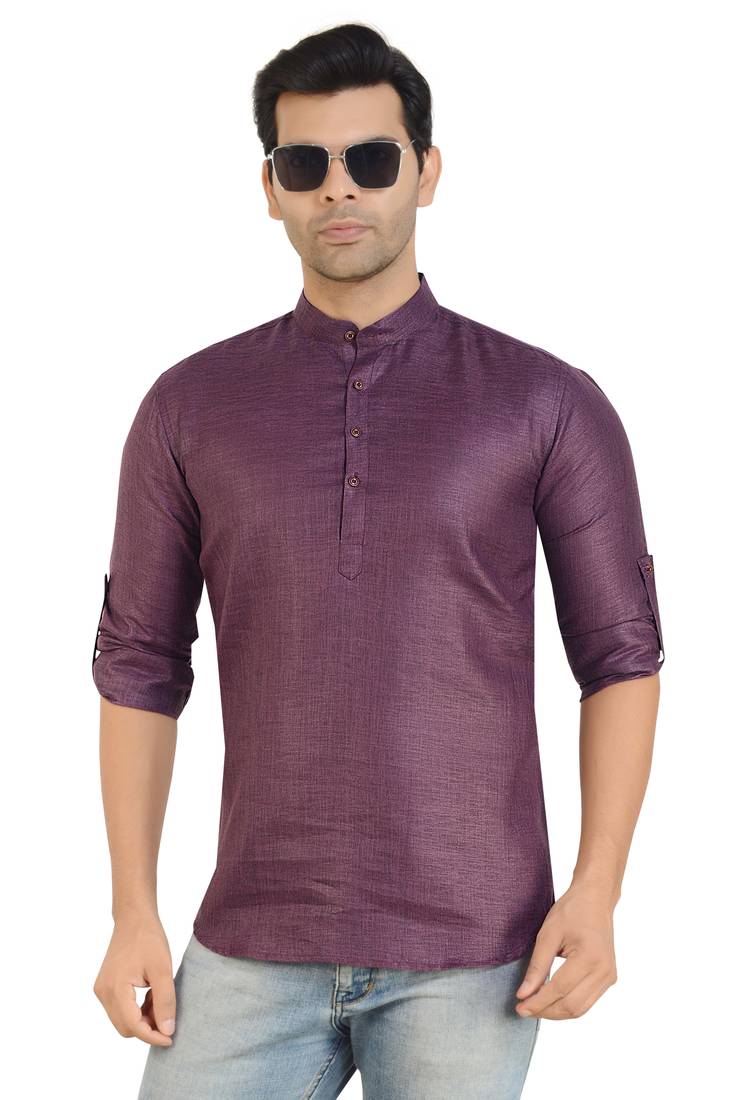 Purple Linen Plain Full Sleeve short Kurta for mens