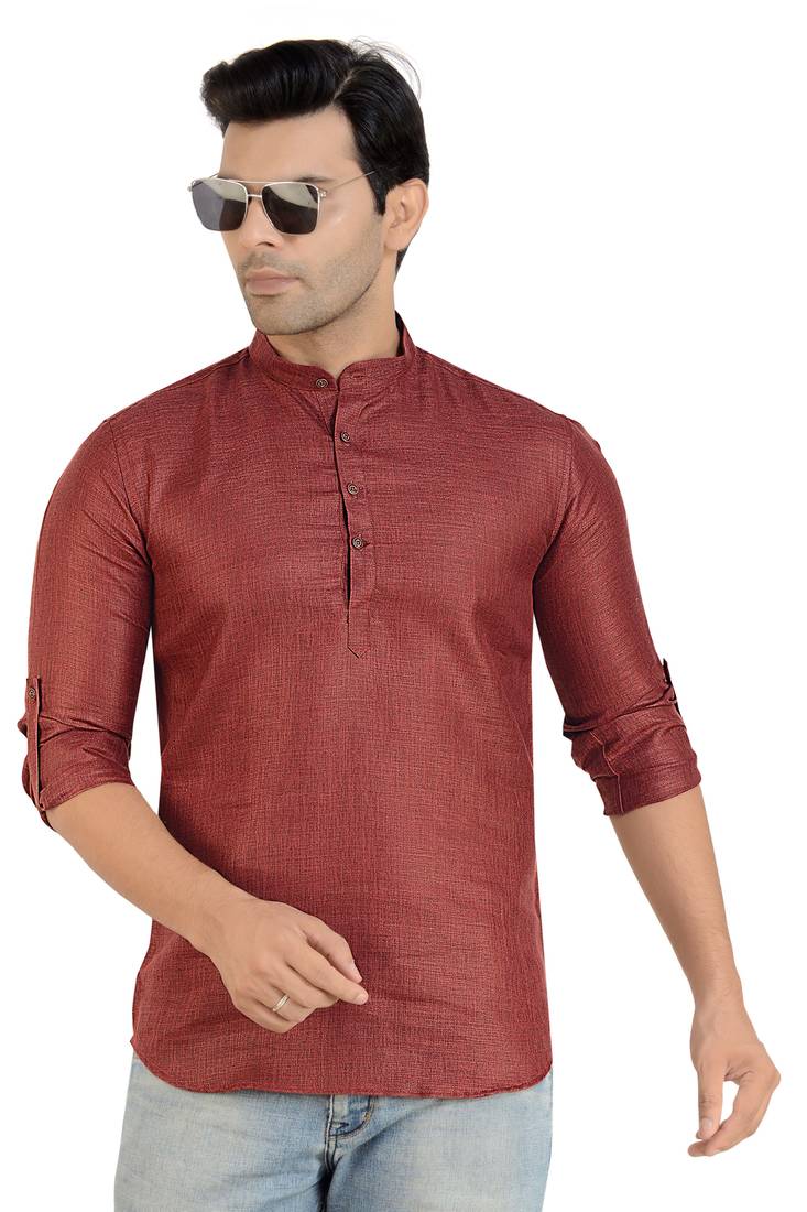 Maroon Linen Plain Full Sleeve short Kurta for mens