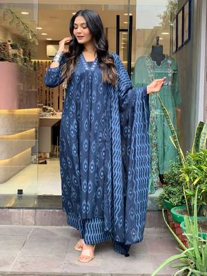 Blue Printed Cotton Kurta Pant With Dupatta - 3 Pcs Set 1