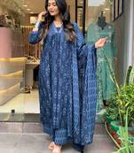 Blue Printed Cotton Kurta Pant With Dupatta - 3 Pcs Set
