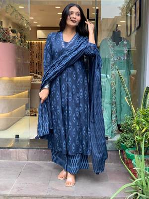 Blue Printed Cotton Kurta Pant With Dupatta - 3 Pcs Set 2