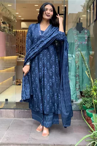 Blue Printed Cotton Kurta Pant With Dupatta - 3 Pcs Set