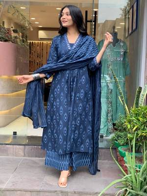 Blue Printed Cotton Kurta Pant With Dupatta - 3 Pcs Set 3