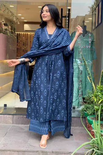 Blue Printed Cotton Kurta Pant With Dupatta - 3 Pcs Set