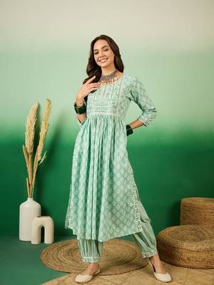Light green Printed Cotton Kurta Pant 1