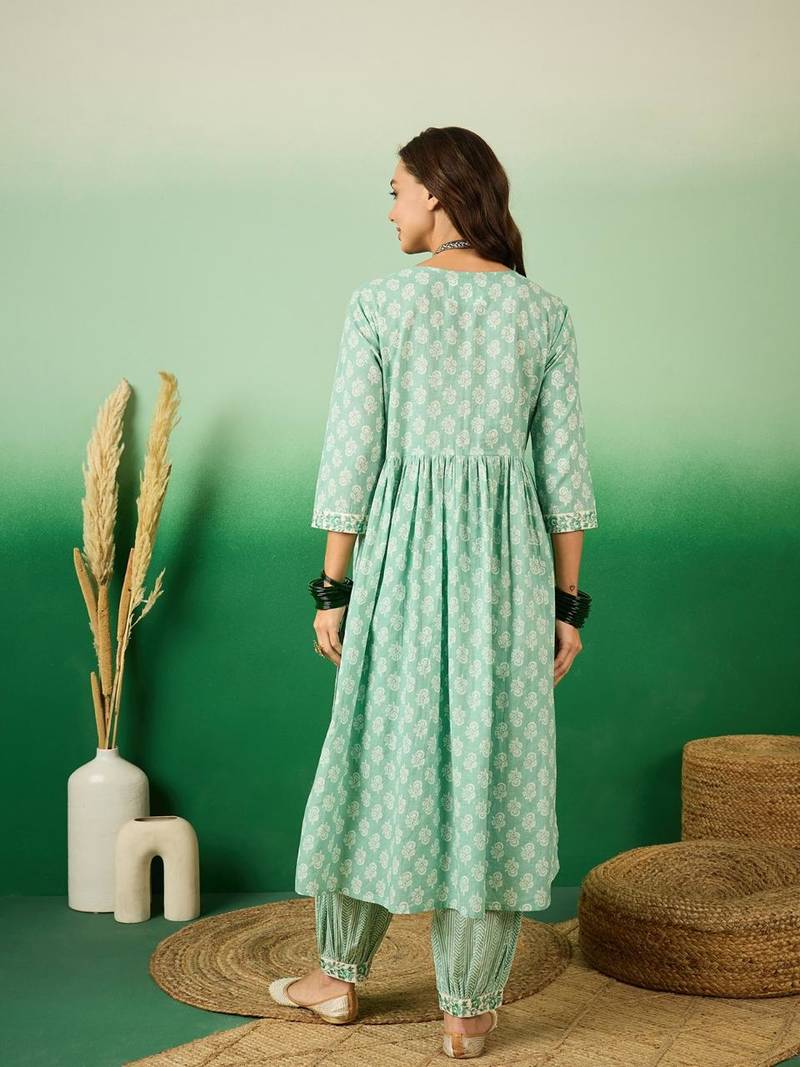 Light green Printed Cotton Kurta Pant