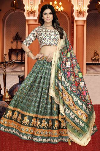 Green Digital Print Silk Lehenga