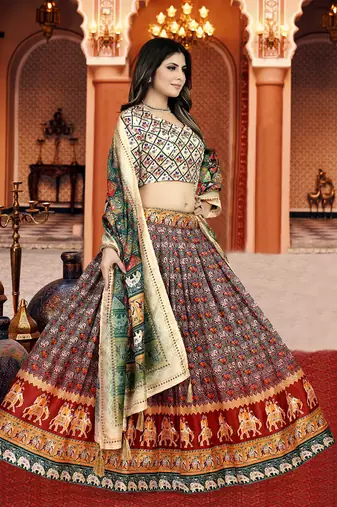 Maroon Digital Print Silk Lehenga