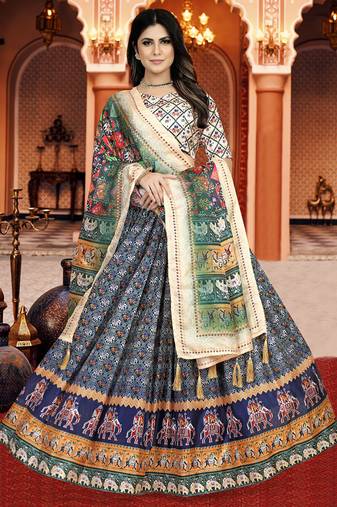 Blue Digital Print Silk Lehenga