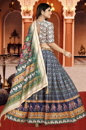 Blue Digital Print Silk Lehenga