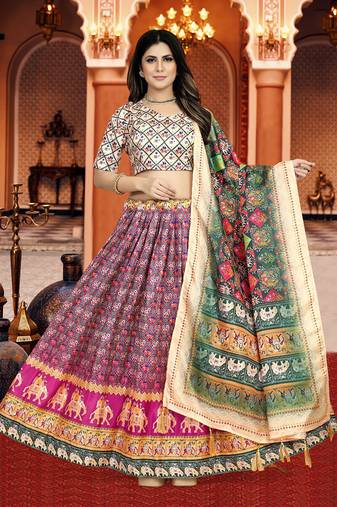 pink Digital Print Silk Lehenga