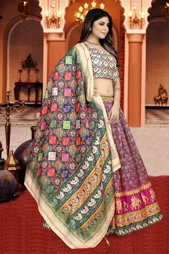 pink Digital Print Silk Lehenga