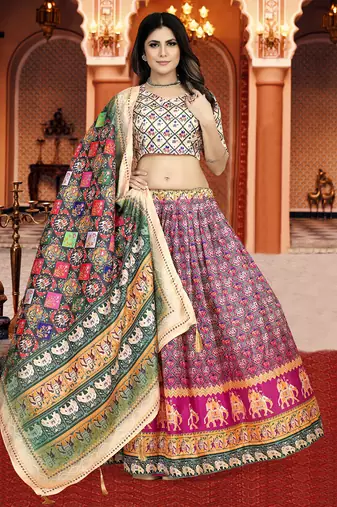 pink Digital Print Silk Lehenga