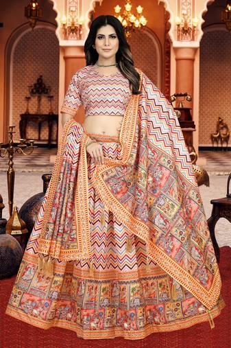 Multicolor Digital Print Silk Lehenga