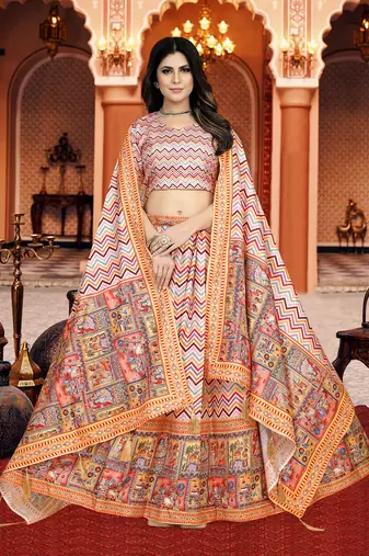 Multicolor Digital Print Silk Lehenga