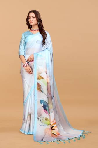 White  digital print satin georgette saree with blouse