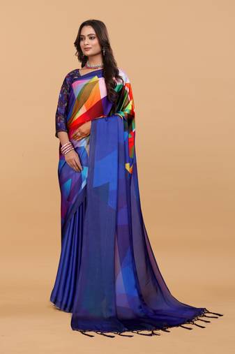 Royal blue  digital print satin georgette saree with blouse