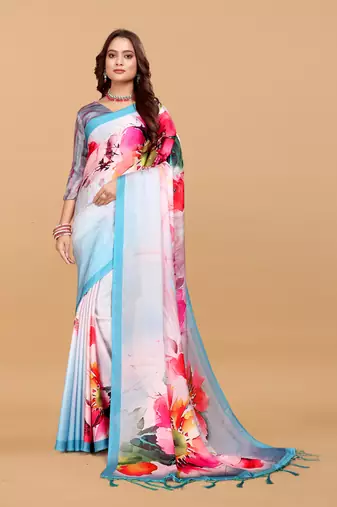 Sky white digital print satin georgette saree with blouse