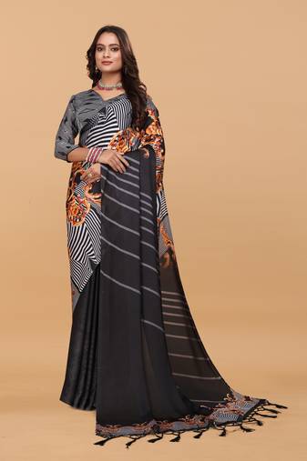Rich black  digital print satin georgette saree with blouse