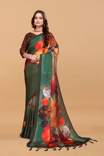 Mehandi green  digital print satin georgette saree with blouse