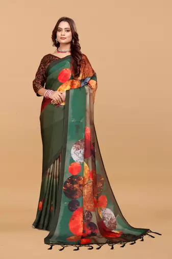 Mehandi green  digital print satin georgette saree with blouse