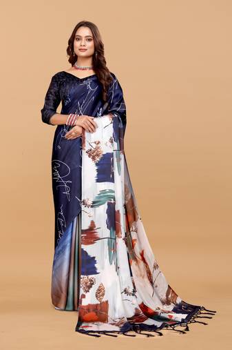 Blue grey  digital print satin georgette saree with blouse