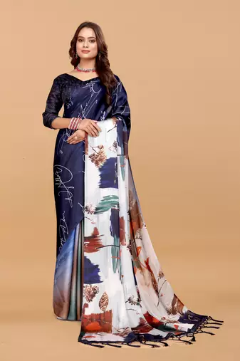 Blue grey  digital print satin georgette saree with blouse
