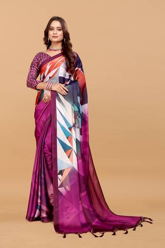 Rani pink  digital print satin georgette saree with blouse