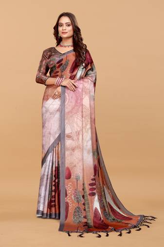 Brown  digital print satin georgette saree with blouse