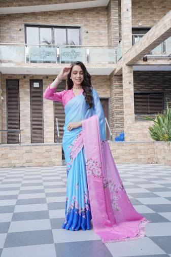 Sky blue digital print georgette saree with blouse