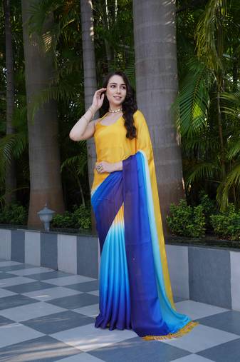 yellow blue digital print georgette saree with blouse