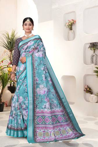 Rama blue digital print linen  saree with blouse