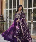 Purple Designer Readymade Long Kurti & Duppta With Embroidery Zari Sequins Work 