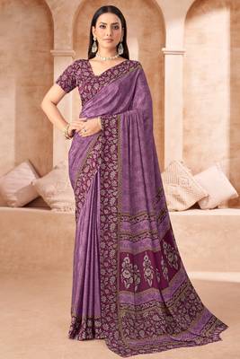 Purple printed crepe silk saree with unstitched blouse piece 1